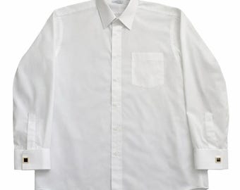 Camicia elegante vintage anni '80 Christian Dior da uomo, taglie 16.5-35, bianca, con polsini alla francese, Made in USA.