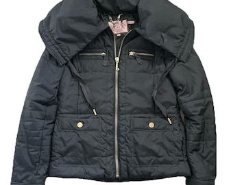 Vtg Y2K Juicy Couture Hooded Puffer Zip Jacket Women Medium Black Gold Hardware