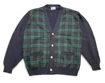 Vintage 80s Pendleton 100% Wool Cardigan Men Large Tartan Navy Green Made in USA