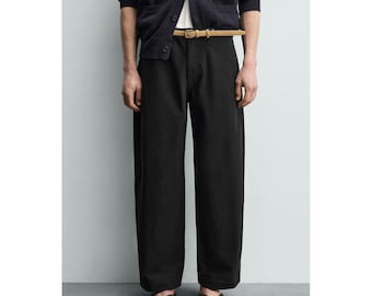 Zara Balloon Barrel Wide Fit Leg Pants Men 30W Black Fatigue Cotton Blend Twill