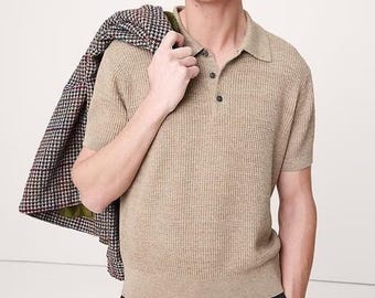 Pull Polo Homme Banana Republic Lin Coton M Short thermique gaufré beige kaki