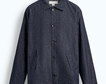 Zara Relaxed Fit Linen Denim Overshirt Chorecoat Men Medium Indigo Blue Chambray