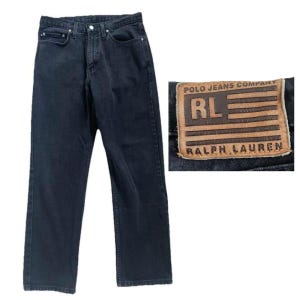 90s Polo Ralph Lauren Straight Fit Jeans Men 33x30 Black Cotton Leather Patch