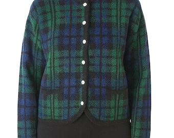Vintage 80s Tally-Ho 100% Wool Knit Crewneck Cardigan Women L Tartan Plaid Green