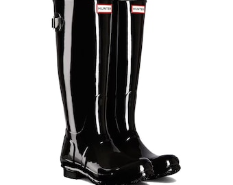 Hunter Womens Original Tall Gloss Rain Boots Wellies US6 Black Kate Moss Made UK