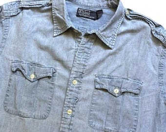 Camisa militar vintage Polo by Ralph Lauren Chambray para hombre, talla XL, 100% algodón.