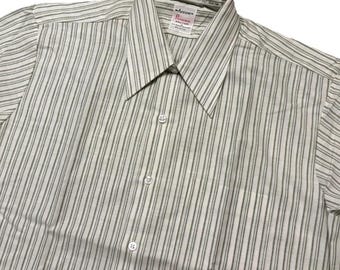 Vtg 60s Arrow Sanforized Button Up Short Sleeve Shirt Men 16.5 Green Stripe USA