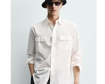 ZARA Aaron Levine Silk Relax Flowy Button Work Shirt Men M White Cream Cotton