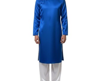 Vietnamese Traditional Ao Dai Men M/L Blue Long Robe Wedding Tet Lunar New Year