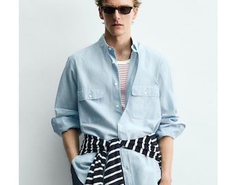 ZARA Aaron Levine Silk Relax Flowy Button Work Shirt Men S Blue Cotton Pockets