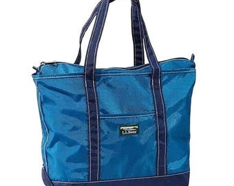 LL Bean Everyday Lightweight Nylon Zip Tote Bag Blue Double Handle Retro Logo