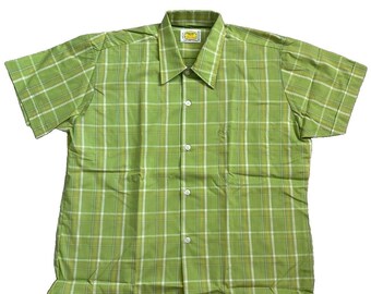 Vintage 70s Retro Boxy Plaid Short Sleeve Shirt Men L Lime Green Made in Japan