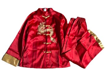 Chinese Kung Fu Costume Set Boys Medium 8-10 Red Gold Dragon Satin Hong Kong