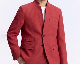 Shanghai Tang Mandarin Collar Jacket Blazer Men 38S/M Red Chinese Wedding Silk
