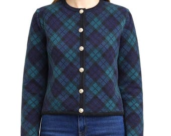 Vintage Talbots 100% Wool Tartan Knit Cardigan Sweater 14 Green Navy Plaid Xmas