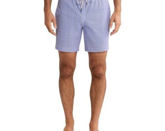 Fair Harbor Bayberry Swim Trunk Men L Blue Striped Seersucker Lined Stretch 6in