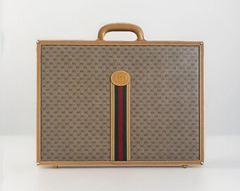 Vtg 70s Gucci GG Monogram Attache Hard Side Briefcase Web Stripe Leather Italy