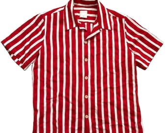 Sandro Retro Drapey Short Sleeve Camp Collar Shirt Men Medium Red Strip Viscose