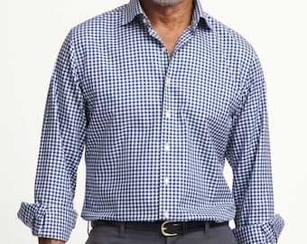 Proper Cloth Navy Check Gingham Dress Shirt Men 17 Blue Classic Fit 100% Cotton