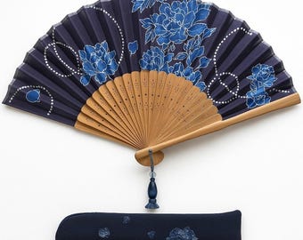 Hakuchikudo Kyoto Japanese Folding Hand Fan Sensu Blue Floral Bamboo Fan w/Box
