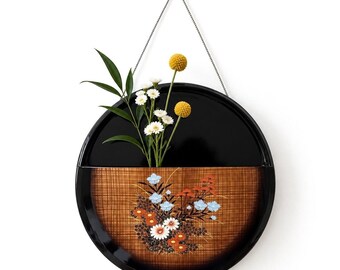 Midcentury Japanese Hanging Ikebana Wall Vase Round Lacquer Black  Made in Japan