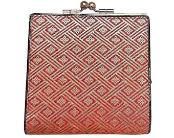 Vintage Japanese Silk Brocade Kisslock Wallet Red Gold Geometric Kimono Fabric