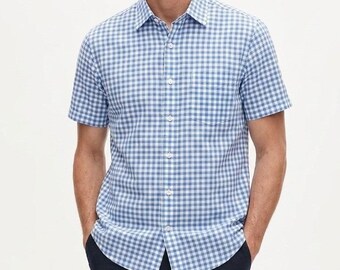 Uniqlo Linen Gingham Check Untucked Button Shirt Men XS Blue White Short Sleeve
