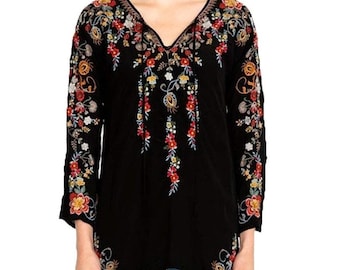 Johnny Was Autumn Bloom Floral Tunic Women S Black Boho Flowy Airy Cupro Rayon
