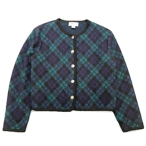 Vtg Talbots 100% Wool Tartan Knit Cardigan Sweater Women L 14 Green Navy Plaid