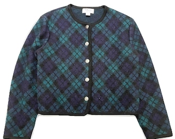 Vtg Talbots 100% Wool Tartan Knit Cardigan Sweater Women L 14 Green Navy Plaid