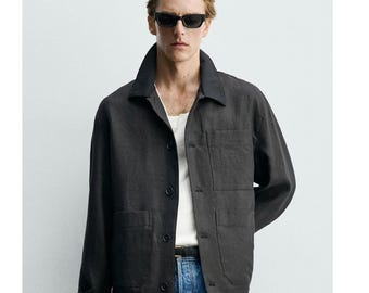 Zara Relaxed Fit Linen Cotton Overshirt Chorecoat Men Large Black Long Sleeve