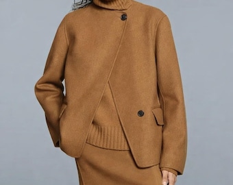 Jil Sander Uniqlo +J Double Face Wool Collarless Jacket Women L Flannel Brown