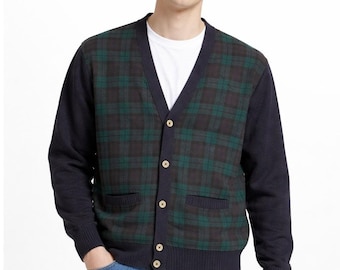 Vintage 80s Pendleton 100% Wool Cardigan Men Large Tartan Navy Green Made in USA