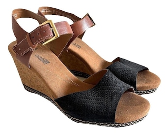 Clarks Helio Cork Wedge Sandal Dam 7 M Läder Svart Brun Kudde Slingback