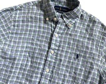 Polo Ralph Lauren 100% Linen Plaid Short Sleeve Button Down Shirt Men XS S Blue