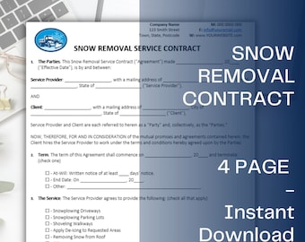 以下が含まれることがあります： 雪かきサービスのための白黒の印刷可能な契約書テンプレート。この文書には、関係する当事者、契約期間、提供されるサービス、サービスが提供される物件に関するセクションが含まれています。この文書は、右下隅に「4ページ」と「即時ダウンロード」と表示されています。