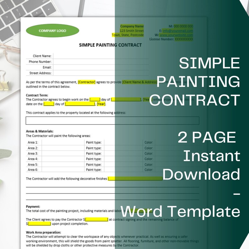 Painter Small Business Contract, Painting Contract Agreement, Painter