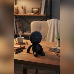Robot Google Home Mini (Google) z podstawką, figurką siedzącego mężczyzny – pomysł na prezent