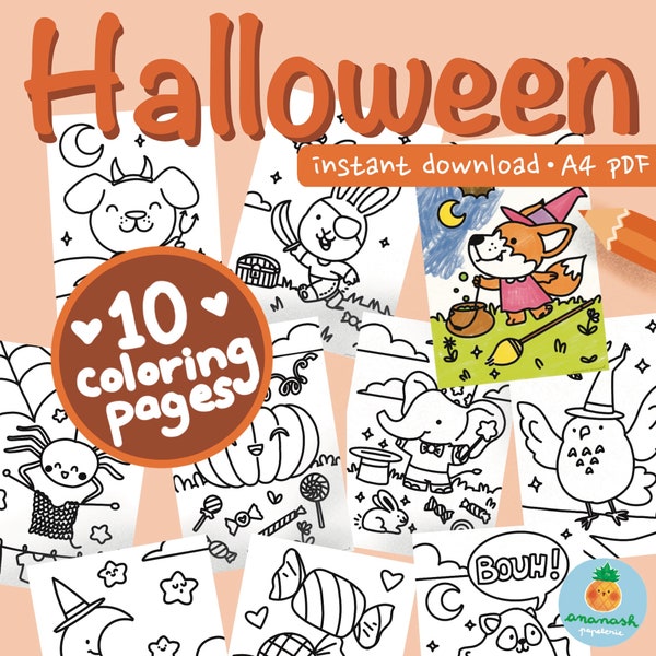 Halloween cute coloring pages book for kids, spooky drawings for kindergarten children