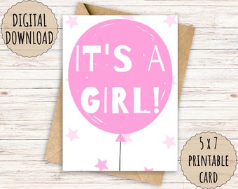 Printable New Baby Card, It's A Girl, 5x7 Greeting Card | FREE A7 Envelope Template