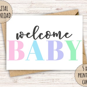 Printable New Baby Card, Welcome Baby, 5x7 Greeting Card | FREE A7 Envelope Template