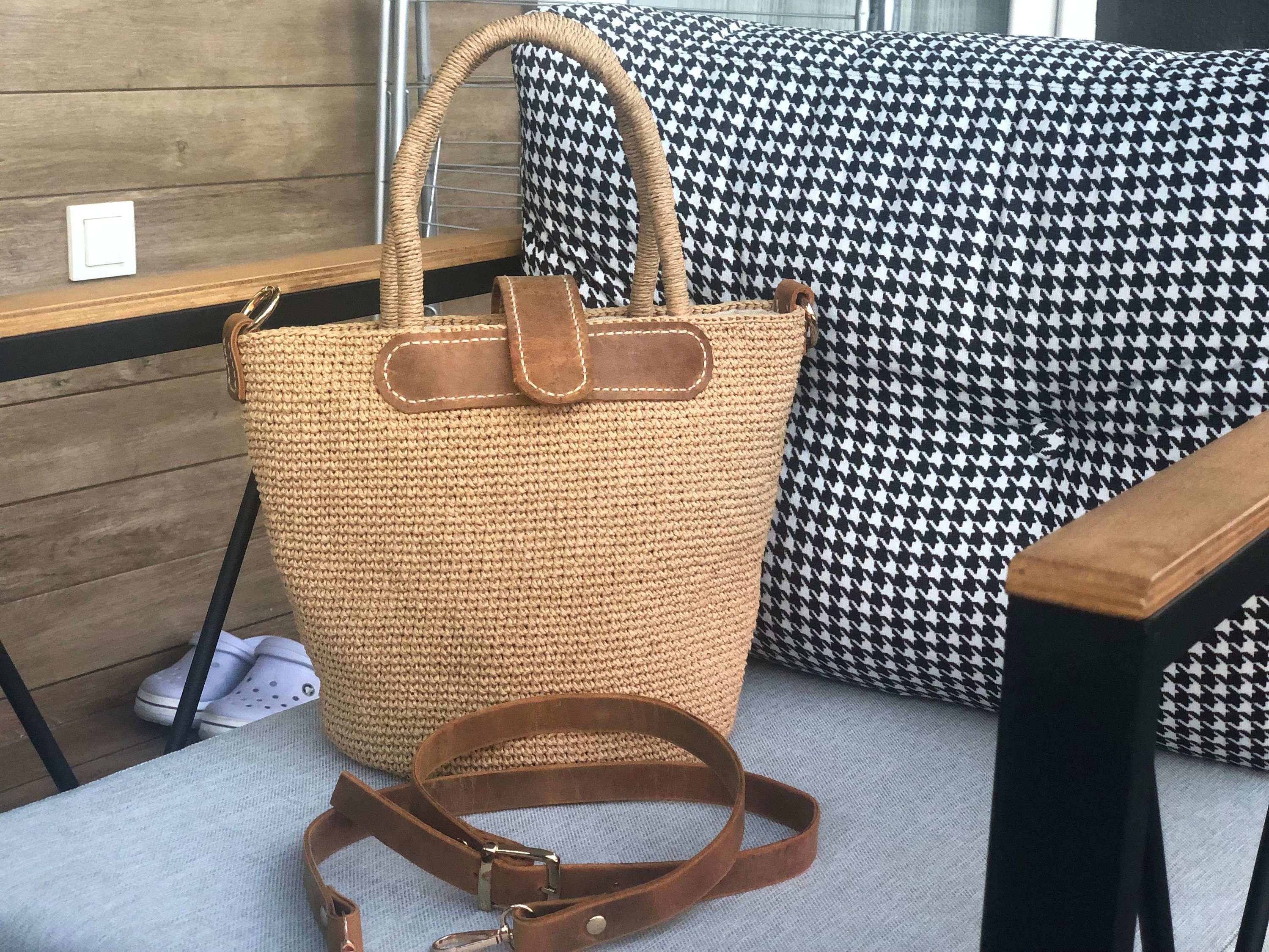 バッグ lether knitting shoulder bag camel Camel Paper Yarn Handmade,real Leather Accessory, Quality