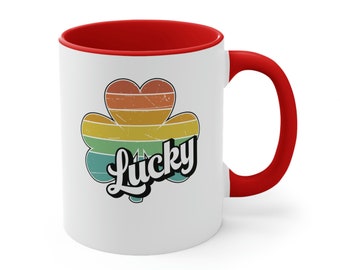 Retro Distressed Clover Lucky, St. Patrick's Day, Shamrock, Lucky, St. Paddys Day, Irish day, Funny Gift, Accent Coffee Mug