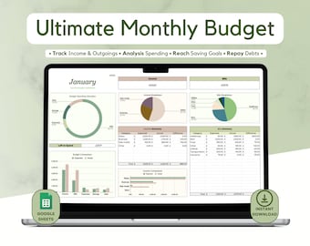 Ultimate Monthly Budget Spreadsheet Template for Google Sheets - Personal Finance Digital Planner; Bills, Expenses, Debt & Savings Tracker