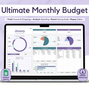 Ultimate Monthly Budget Spreadsheet Template for Google Sheets - Personal Finance Digital Planner; Bills, Expenses, Debt & Savings Tracker