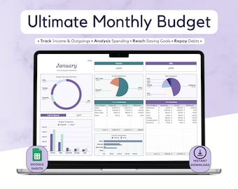 Ultimate Monthly Budget Spreadsheet Template for Google Sheets - Personal Finance Digital Planner; Bills, Expenses, Debt & Savings Tracker