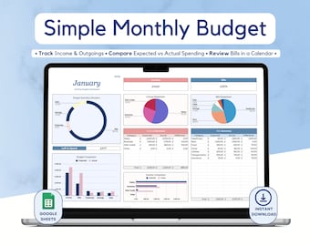 Simple Monthly Budget Spreadsheet Template for Google Sheets; Digital Planner; Personal Finance; Spending & Expense Tracker; Bill Calendar