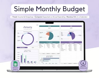Simple Monthly Budget Spreadsheet Template for Google Sheets; Digital Planner; Personal Finance; Spending & Expense Tracker; Bill Calendar