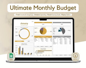 Ultimate Monthly Budget Spreadsheet Template for Google Sheets - Personal Finance Digital Planner; Bills, Expenses, Debt & Savings Tracker