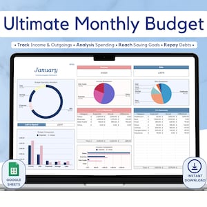 Ultimate Monthly Budget Spreadsheet Template for Google Sheets - Personal Finance Digital Planner; Bills, Expenses, Debt & Savings Tracker